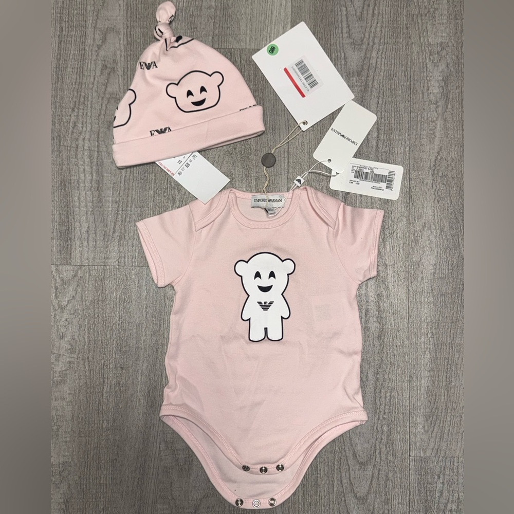 Emporio Armani Baby Girl One-Piece & Hat Set Pink NWT 6M